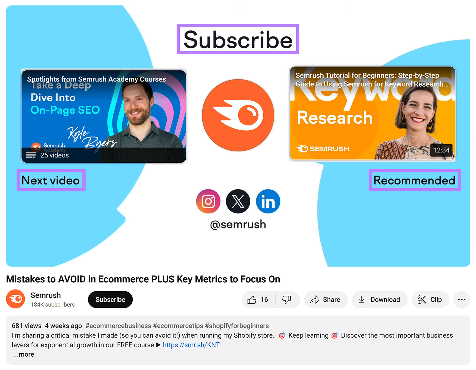 Semrush YouTube video end screen with Next video, Subscribe, and Recommended CTAs highlighted.