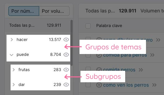 Grupos de temas en Keyword Magic Tool