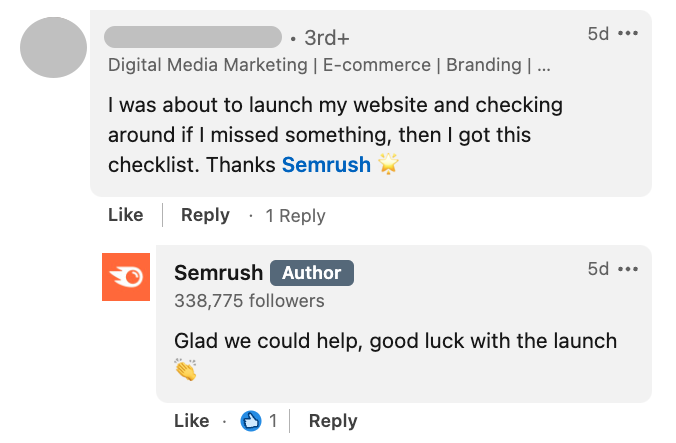 Semrush interacting with an user on LinkedIn