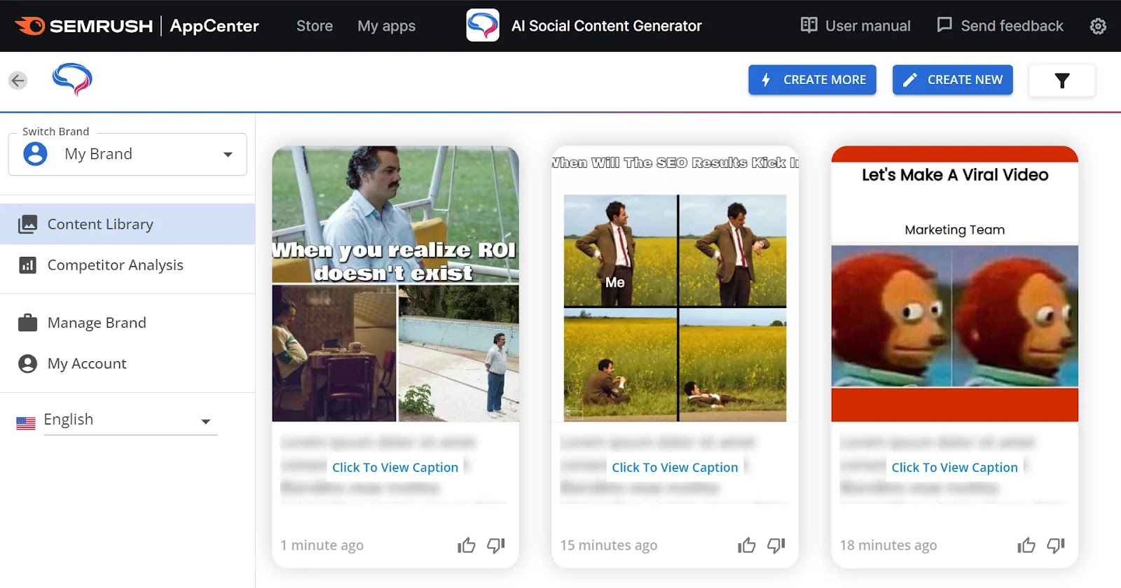 Content library section in AI Social Content Generator