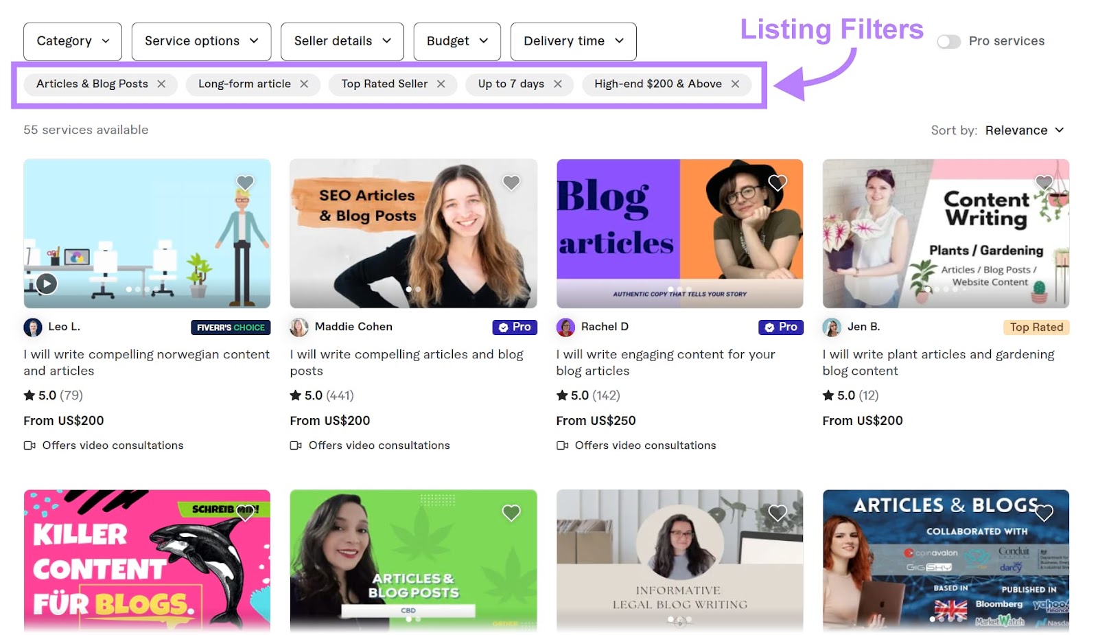 Listing filters highlighted in Fiverr's dashboard