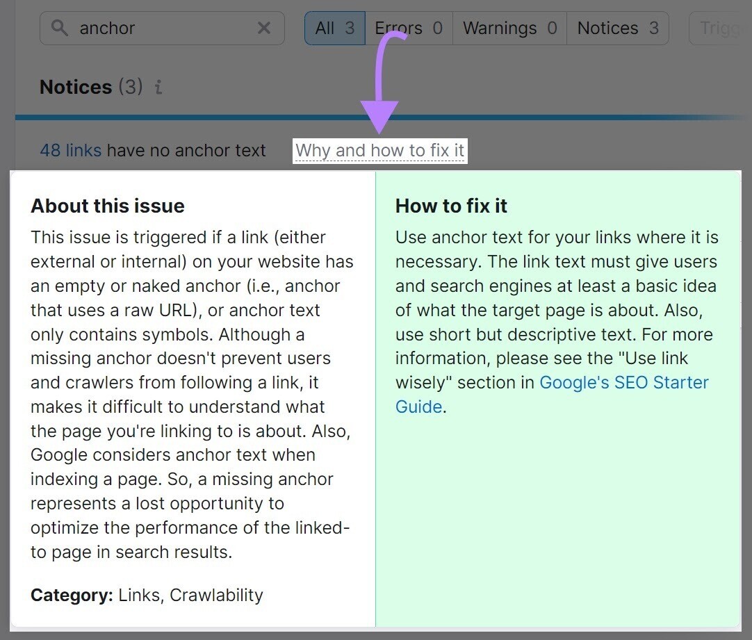 Why and how to fix it” section example regarding anchor text
