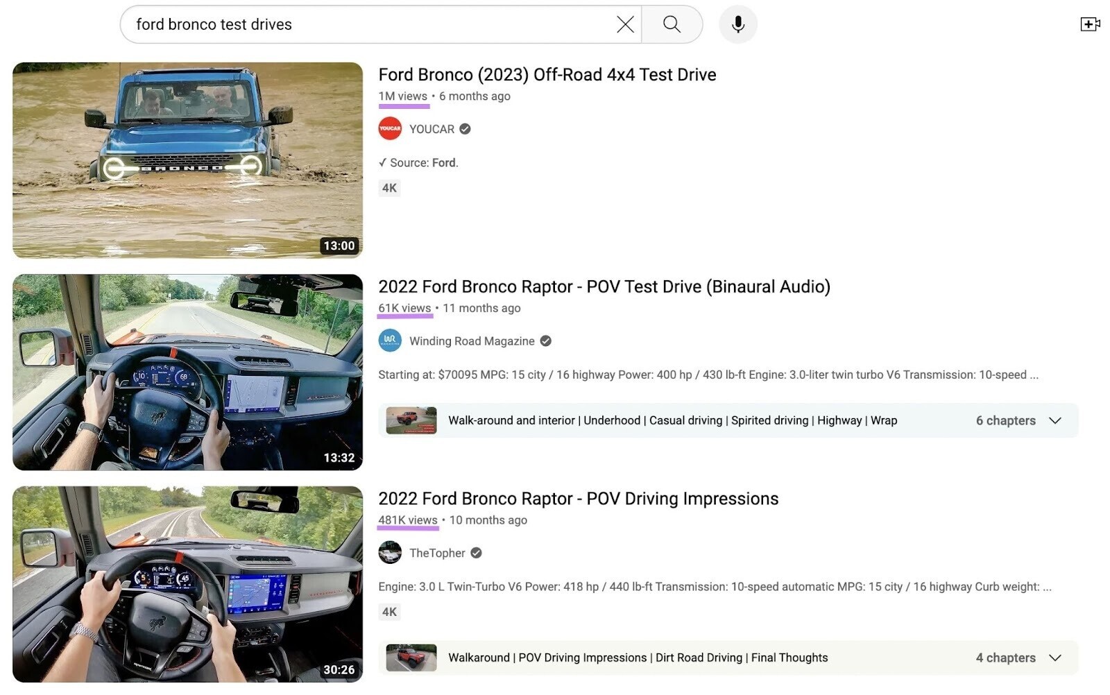 YouTube results for "ford bronco test drives" query
