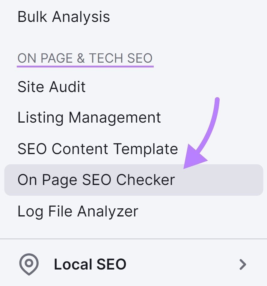 “On Page SEO Checker” button in Semrush menu