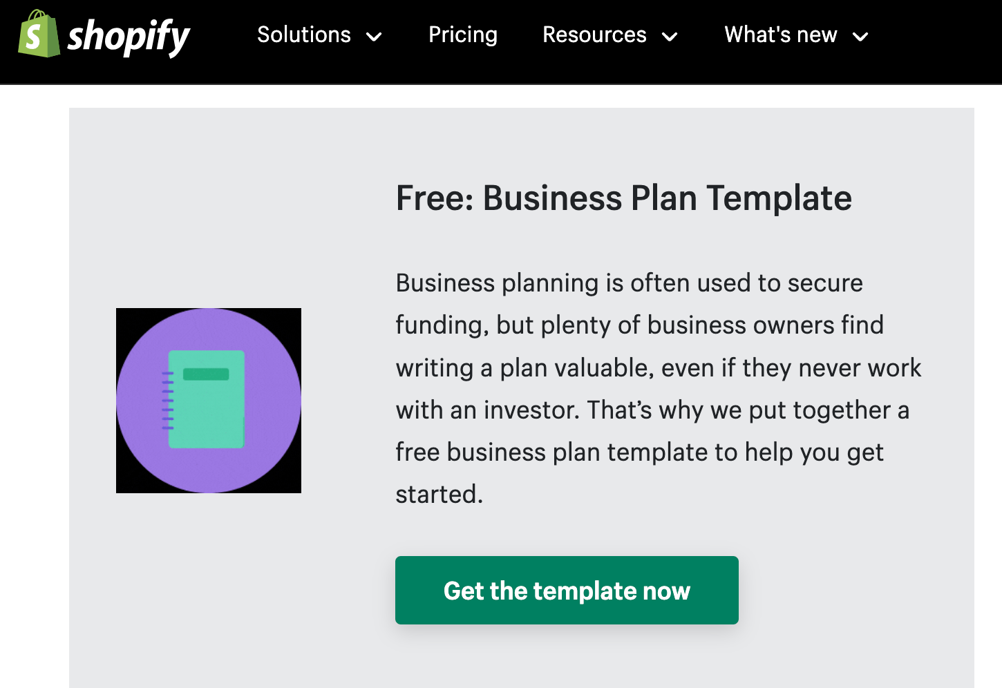 Shopify's "Free: Business Plan Template" page with green "Get the template now" button