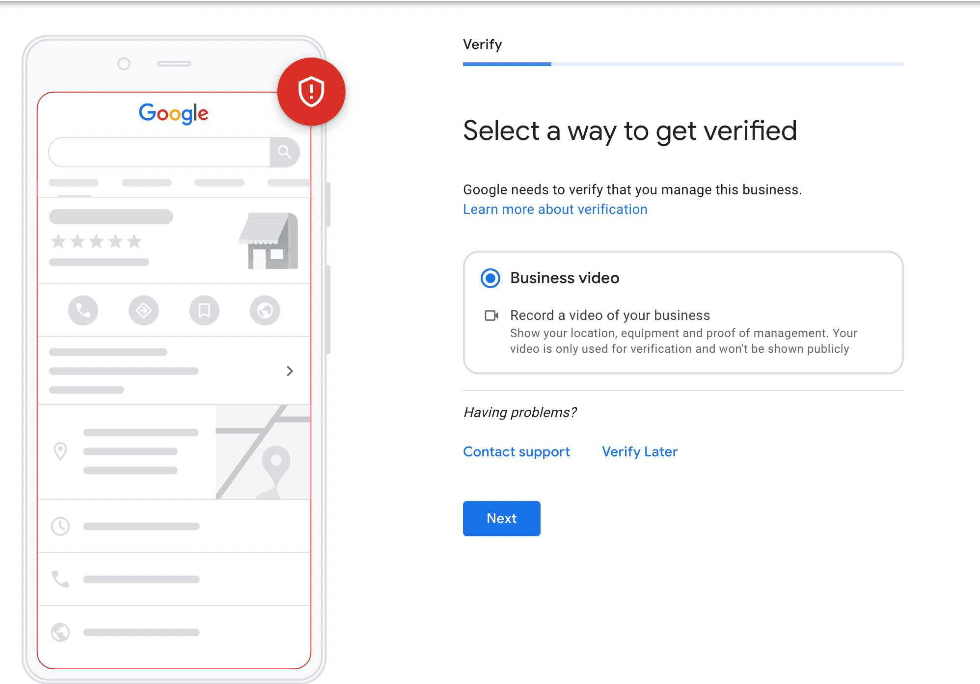 "Select a way to get verified" window in Google Business Profile settings