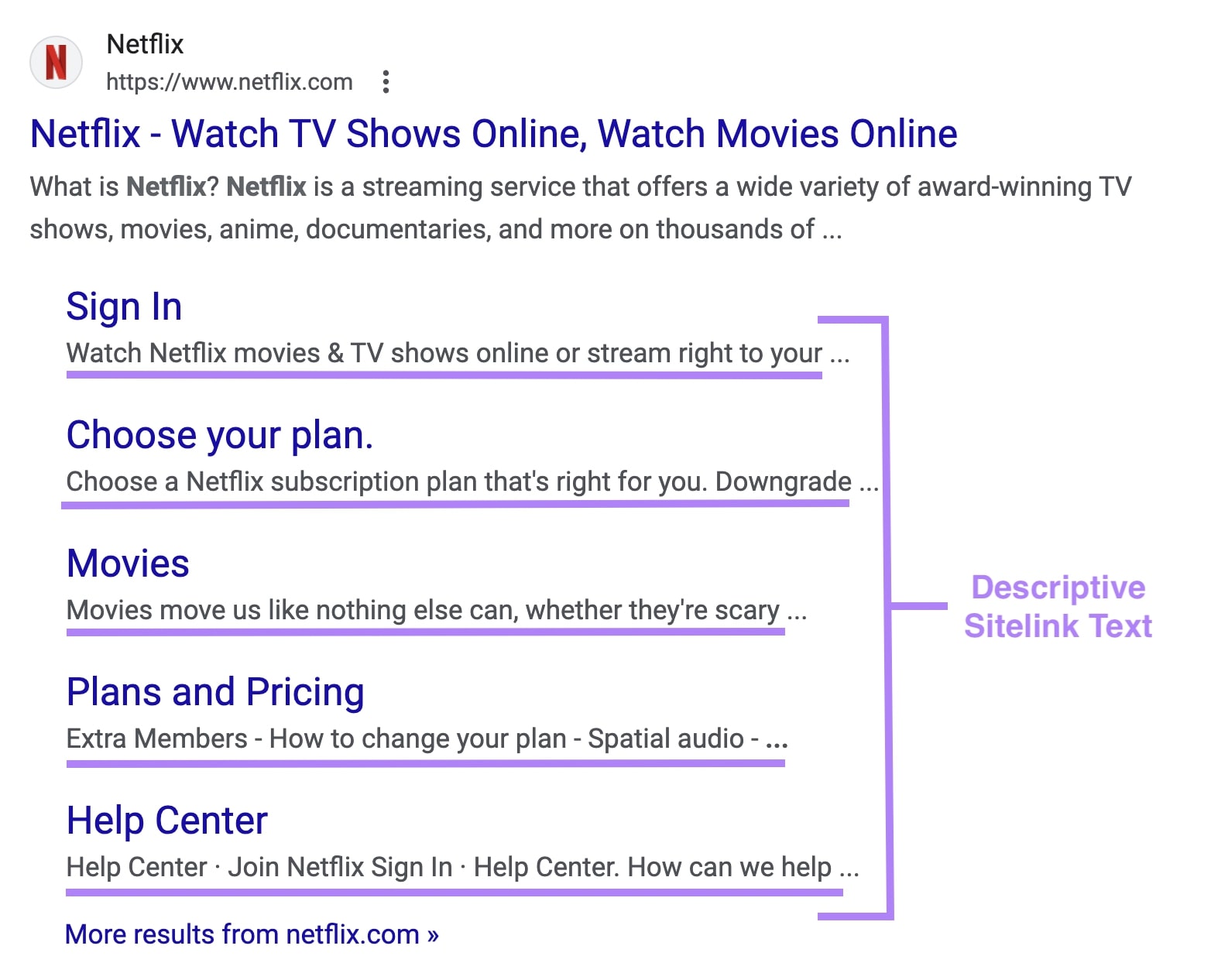 Google search result for Netflix showing sitelinks with descriptions.