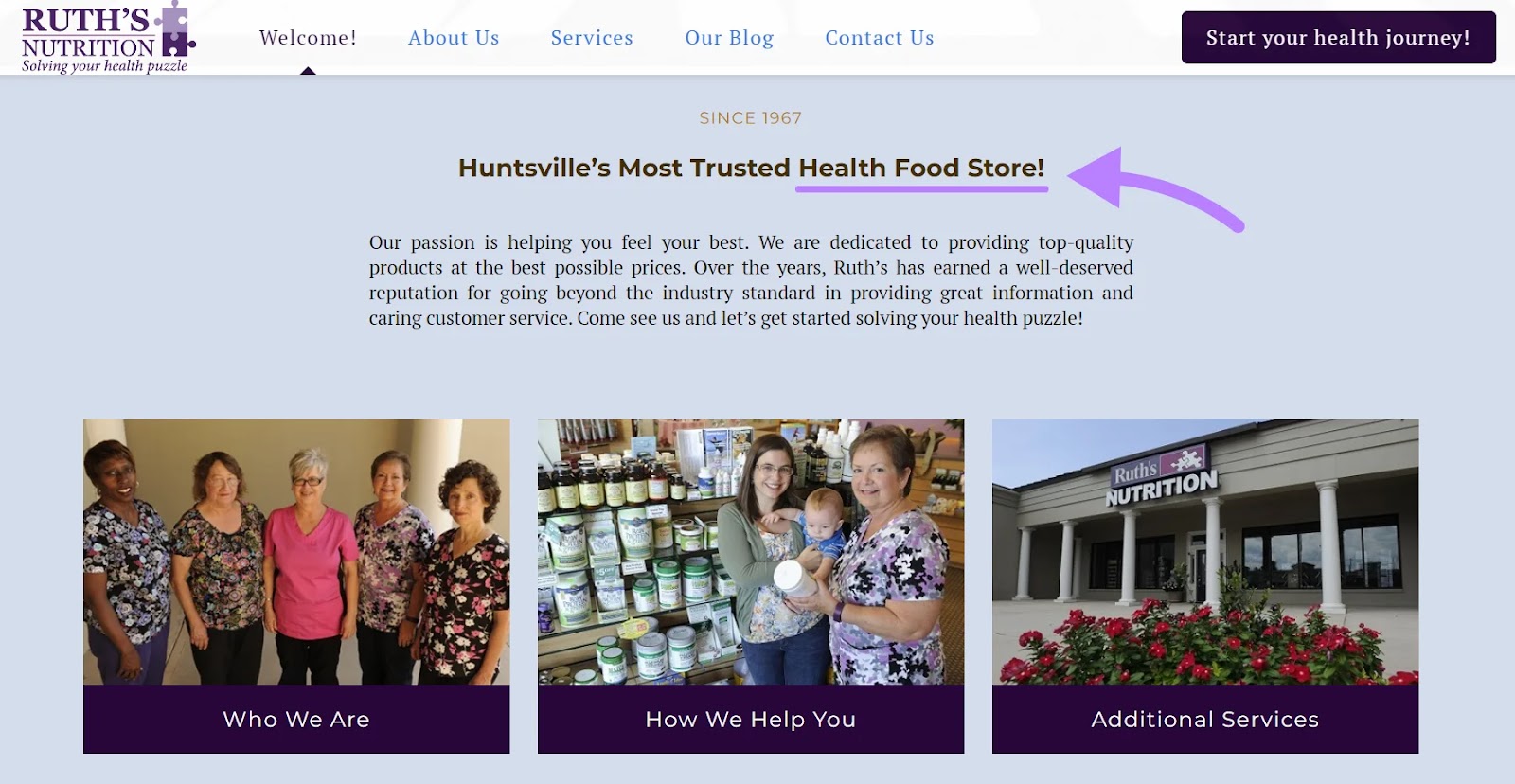 Ruth’s Nutrition’s website with "health food store" keyword highlighted
