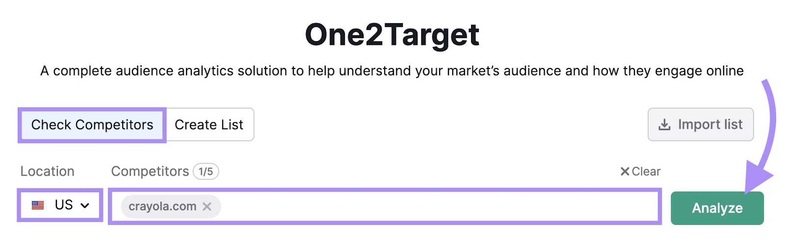 "crayola.com" entered in the "Competitors" text box in One2Target tool