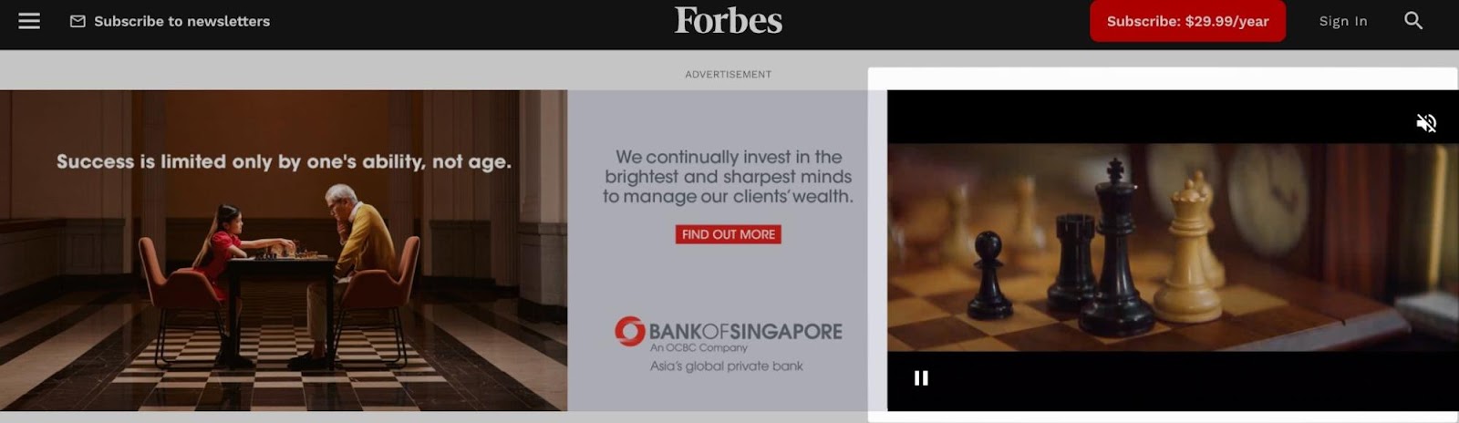 A Bank of Singapore video ad on Forbes’ website