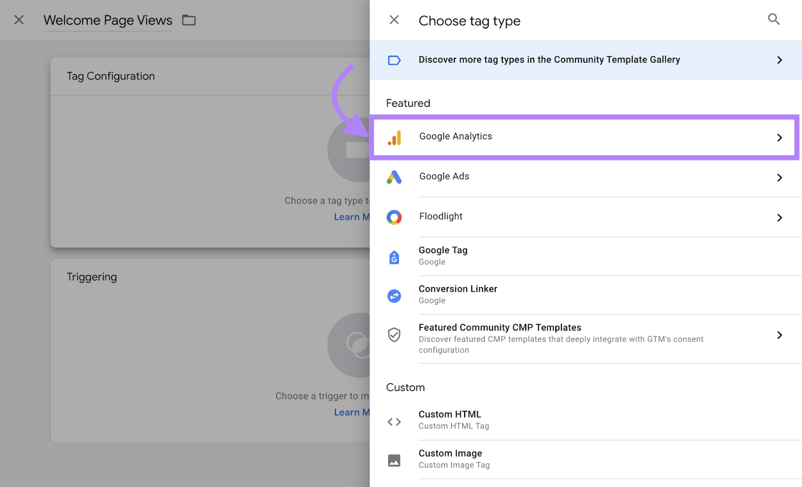 “Google Analytics" selected under "Choose tag type" menu
