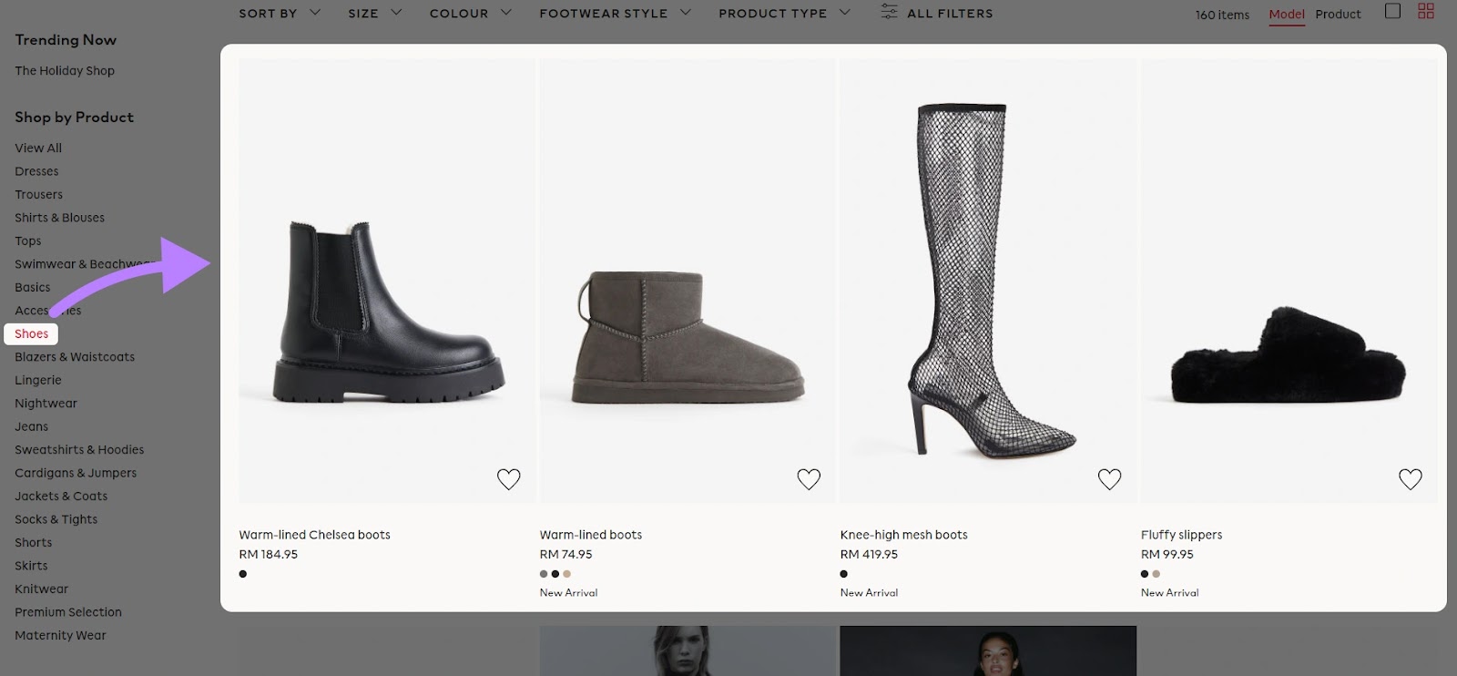 "Shoes" broad category showcases all different types of shoes on a site