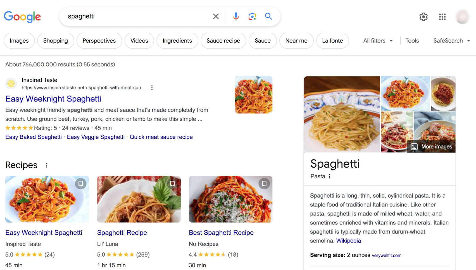 Top of Google's result for “spaghetti” query