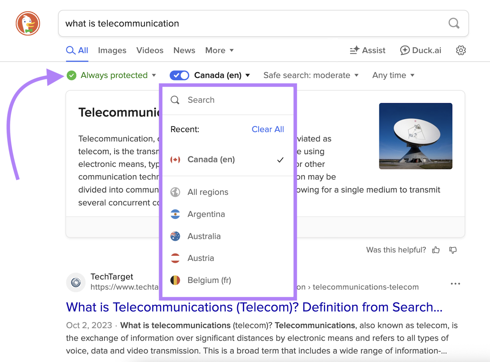 Search has label "Always protected," and the search location drop down is highlighted.