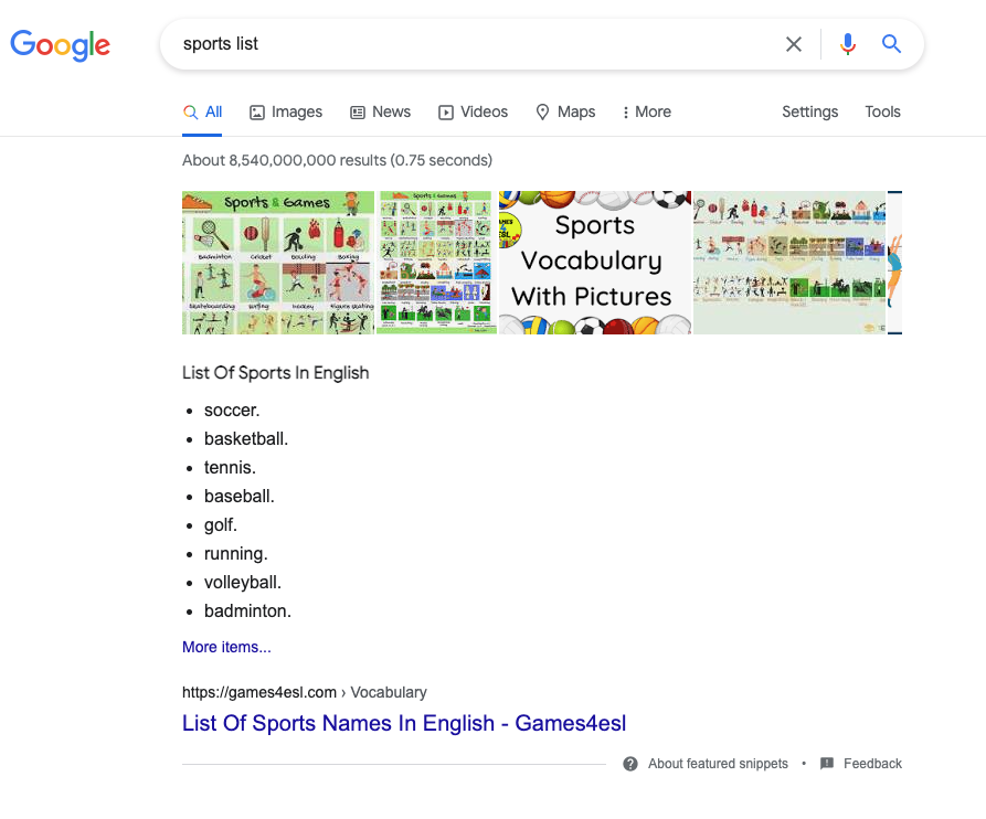 list of sports on serp