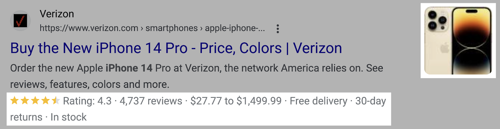 an example of a product markup snippet for buying an iPhone 14 on Verizon