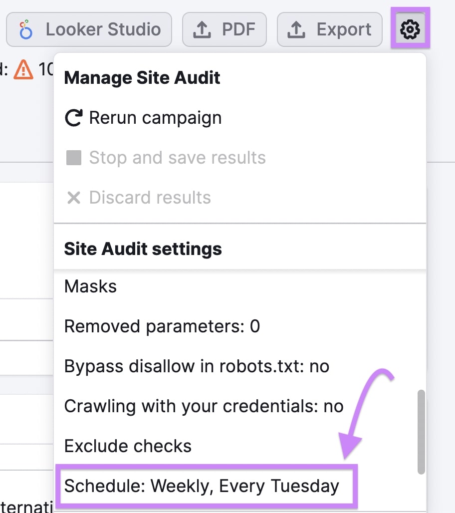Schedule site audits in “Site Audit settings” window