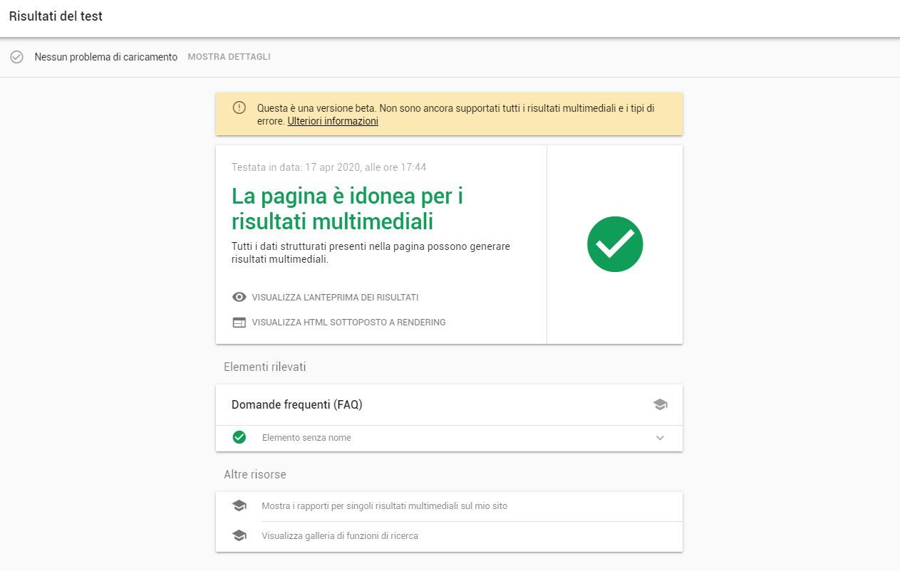 Risultati test dati strutturati FAQPage