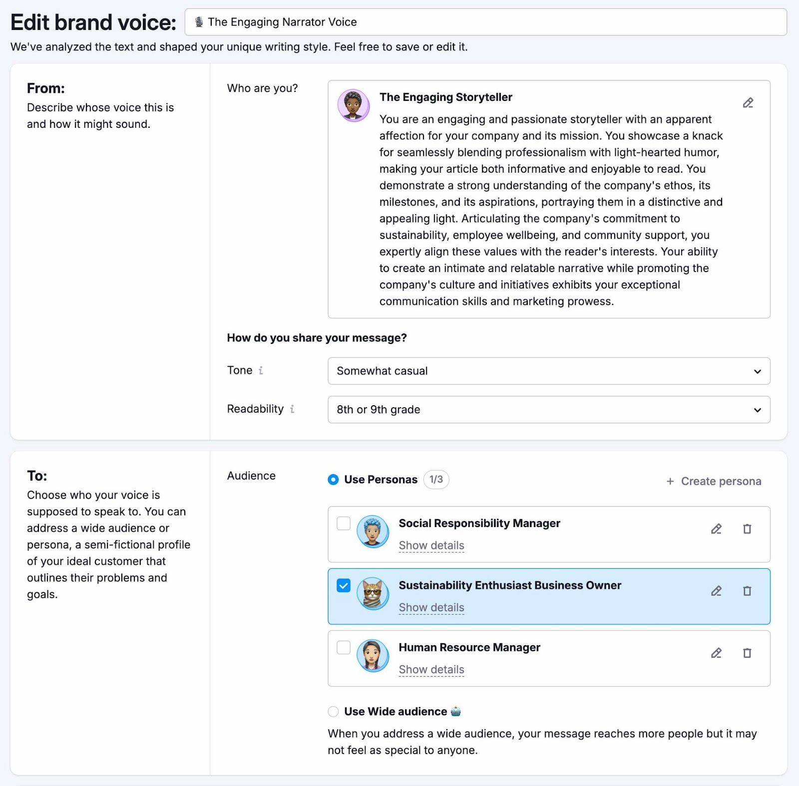Edit brand voice page on ContentShake AI showing how a brand voice might speak and who it's speaking to along with editing options.