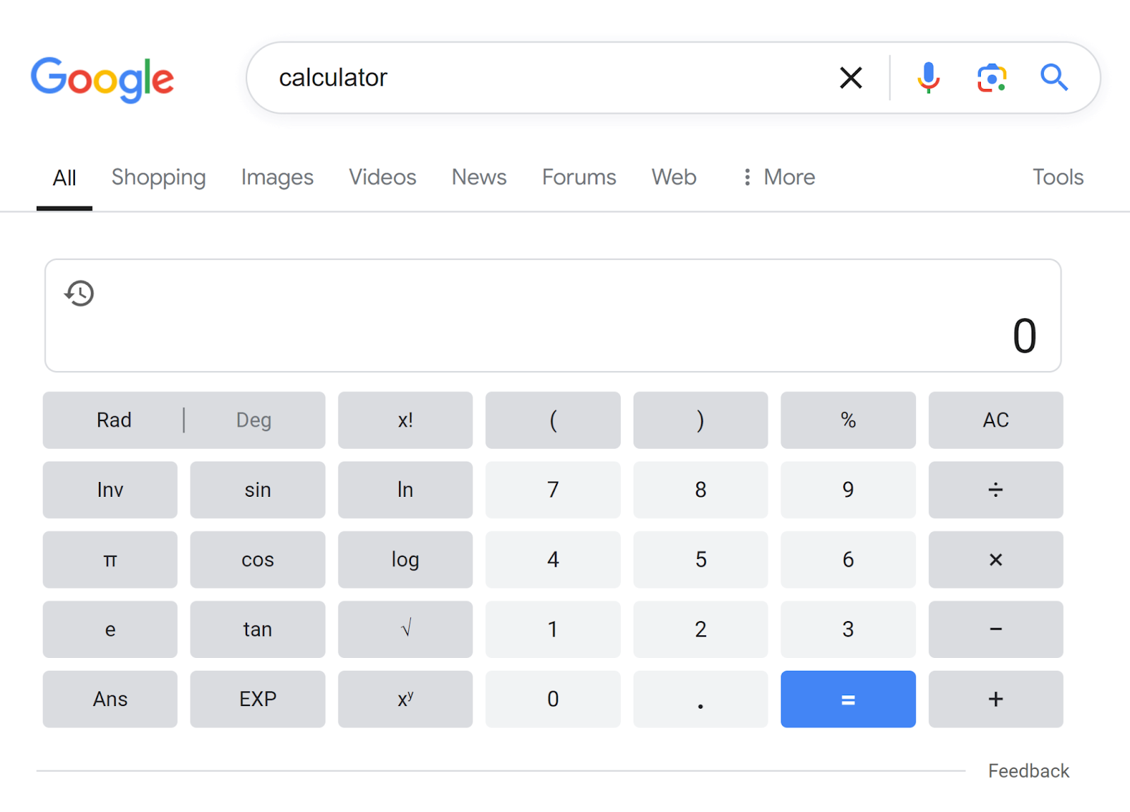 Google SERP for 'calculator' showing calculator