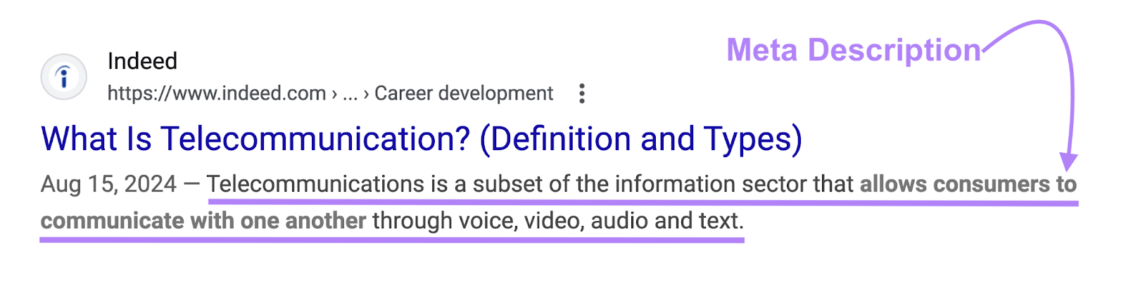 The text below the title tag on the SERP listing is highlighted as the meta description.