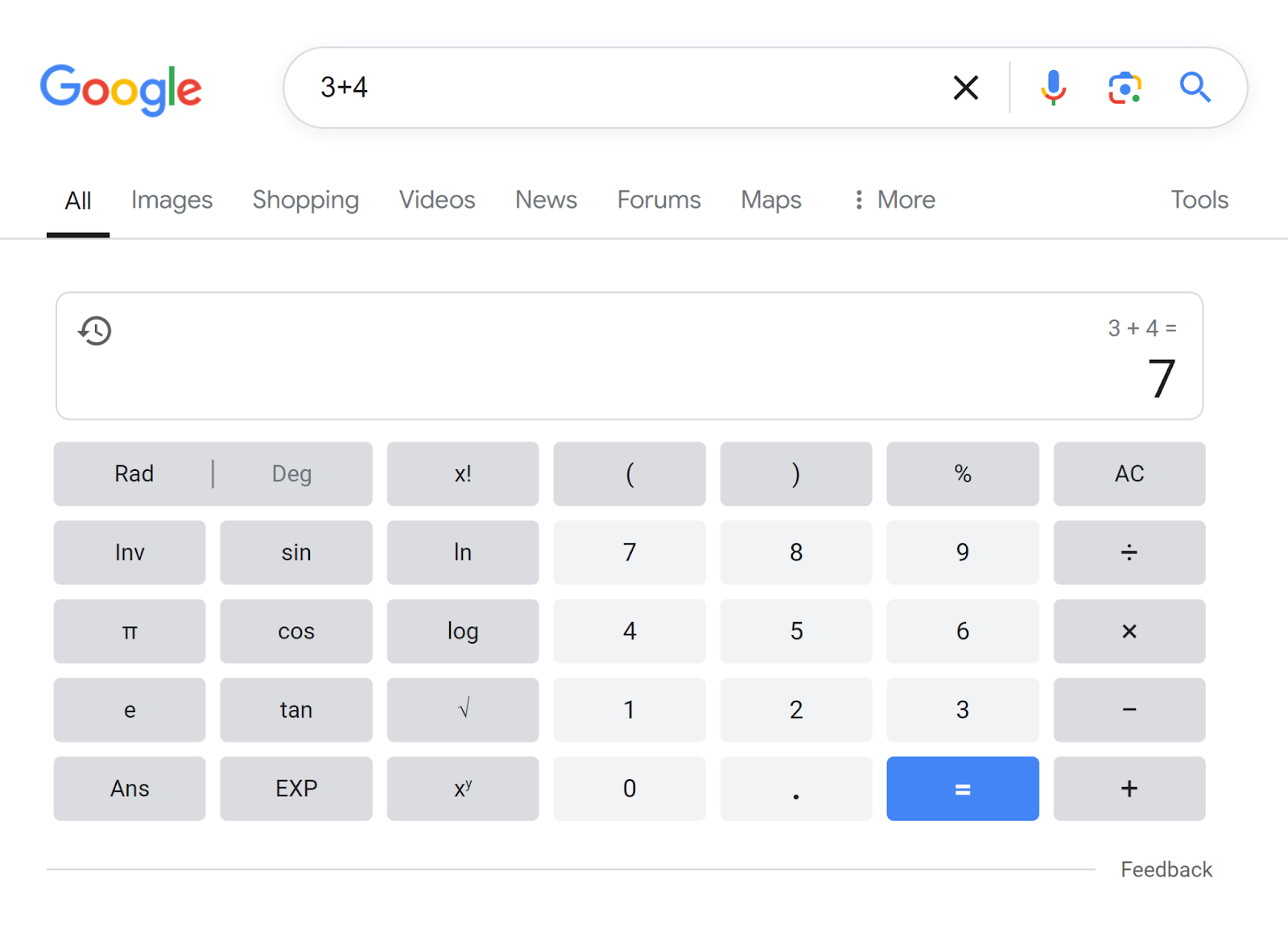 Google SERP for '3+4' showing calculator with results