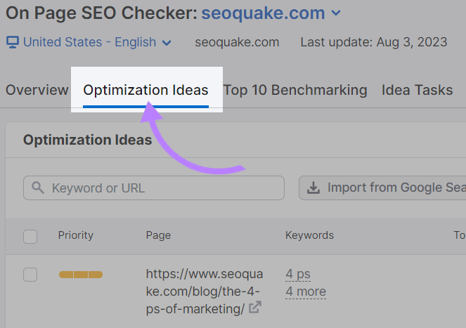 “Optimization Ideas” tab highlighted