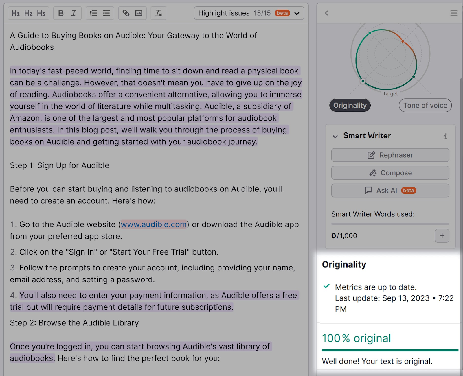 “Originality” score section in SEO Writing Assistant