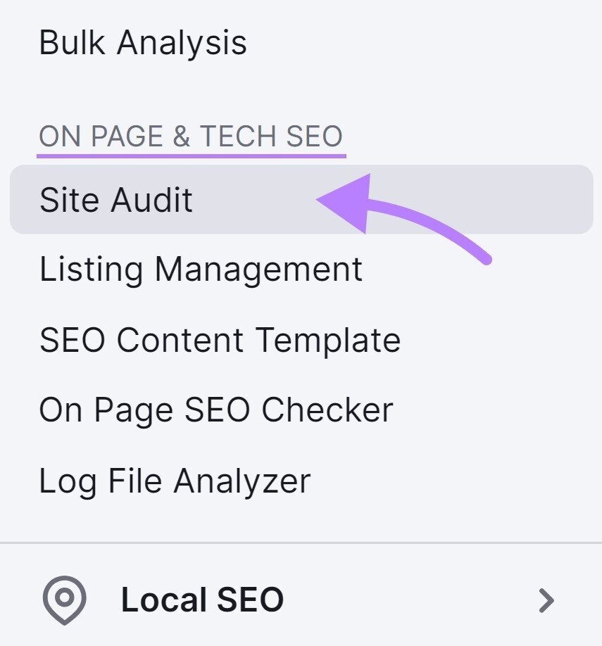 “Site Audit” button in Semrush menu