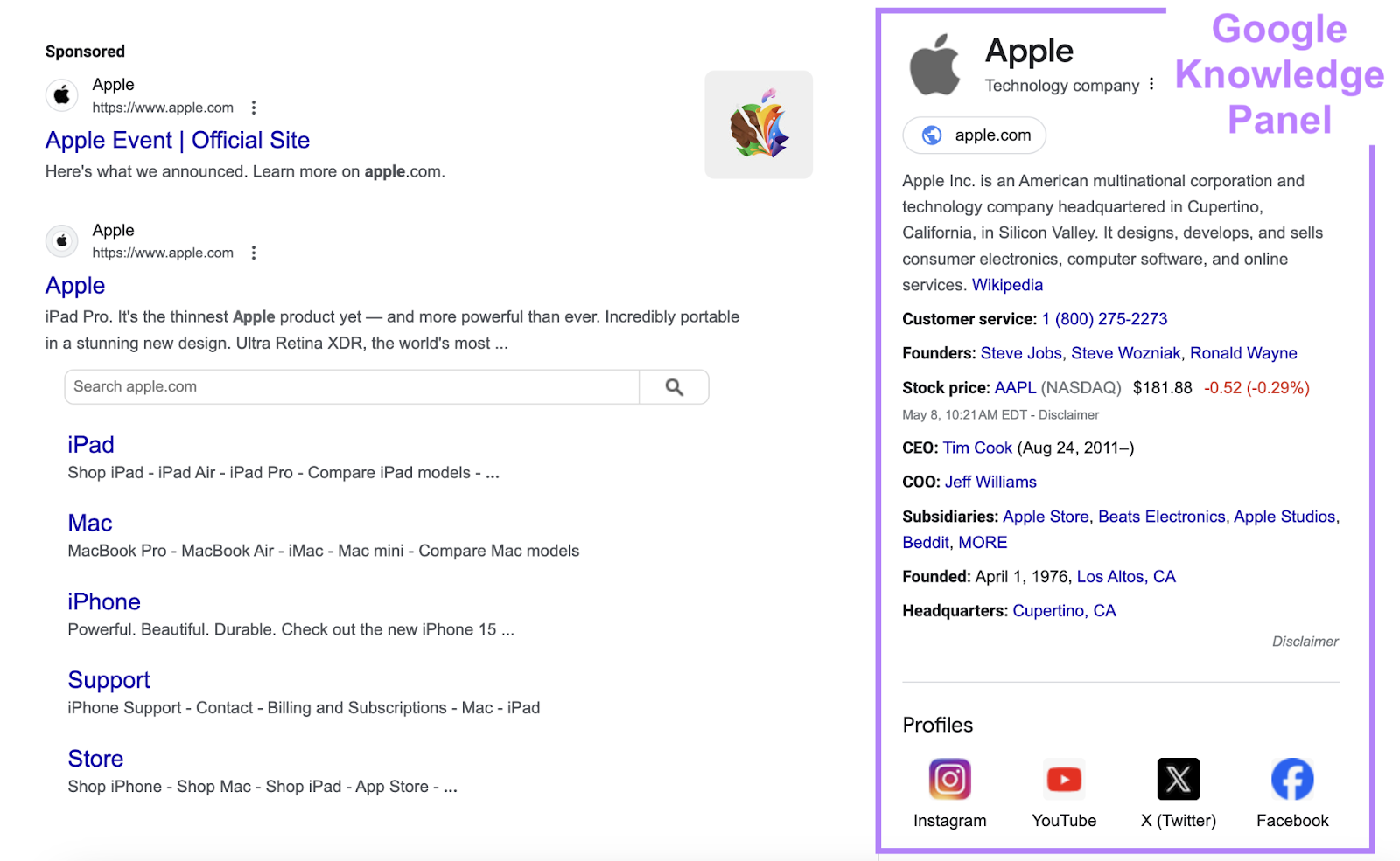 when searching apple, a google knowledge panel appears on the right side of the SERP with info about the company Apple