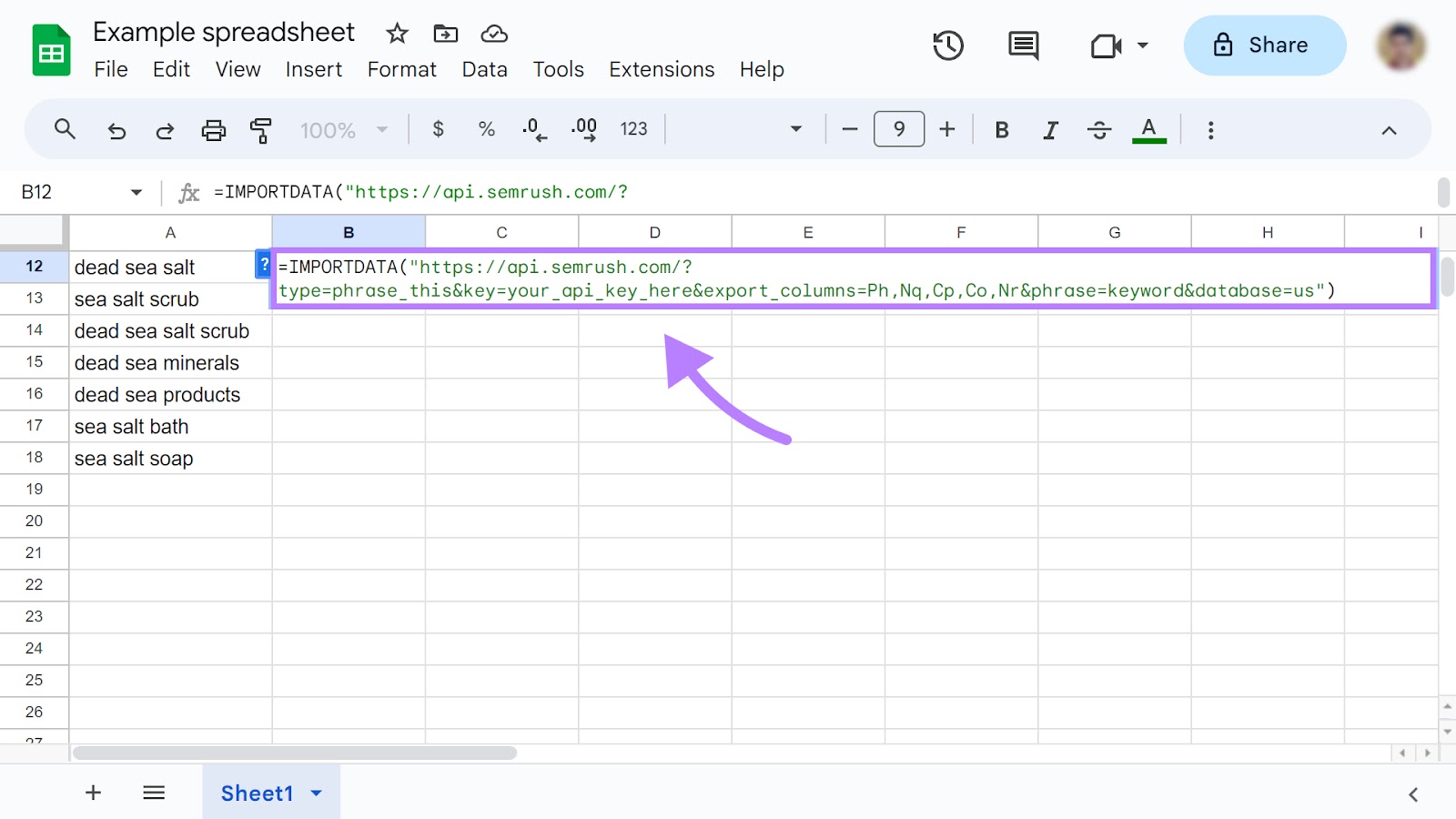 An example Google Sheets spreadsheet