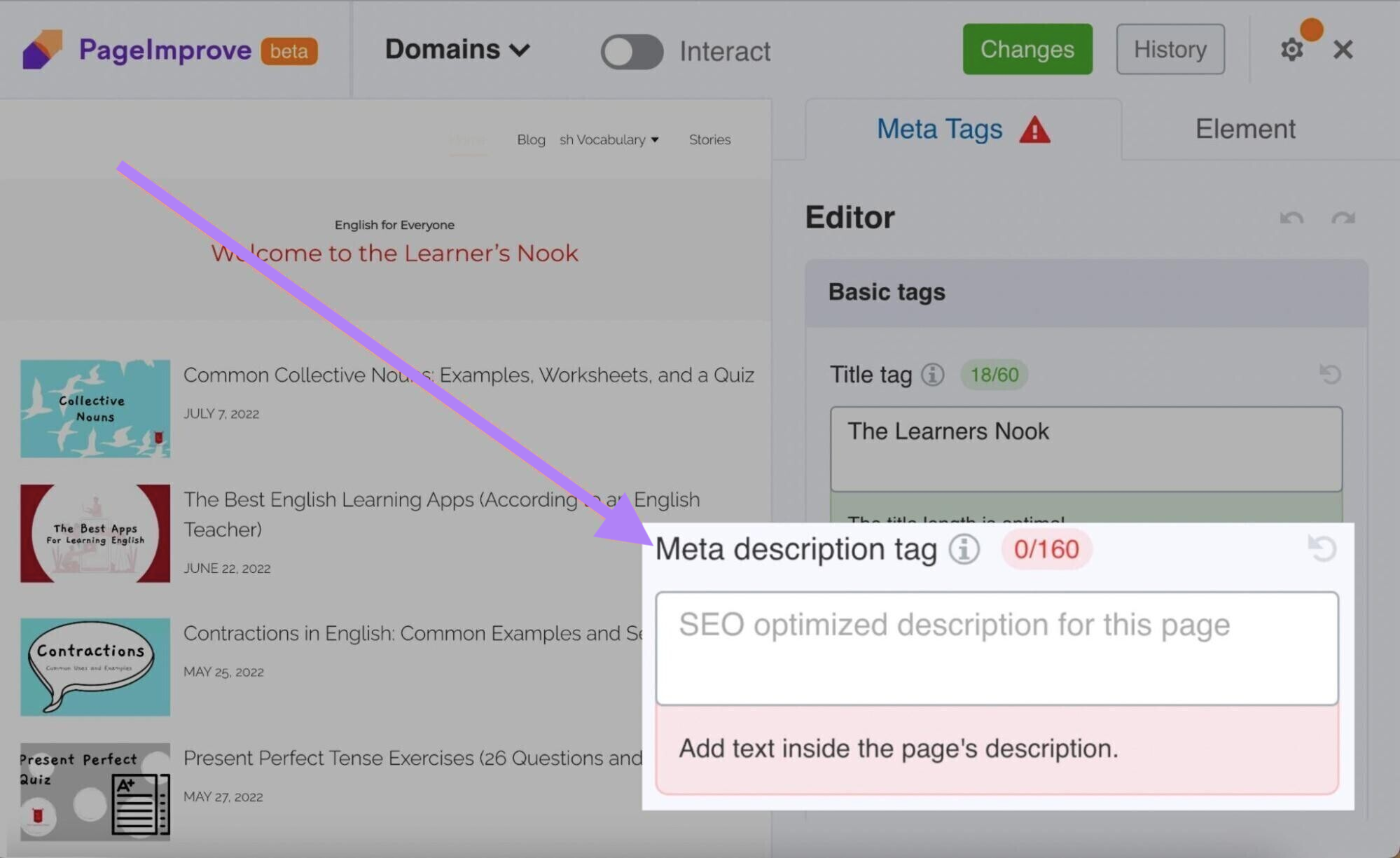 page improve's meta description tag box