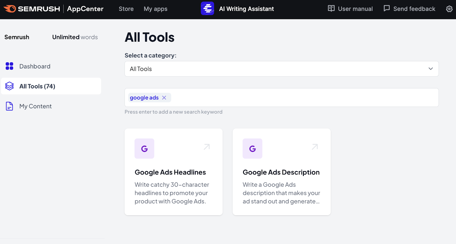 Semrush AI writing assistant app dashboard with 'google ads' in tools search field