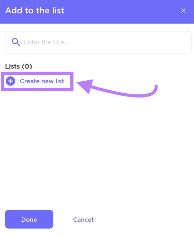 "Create new list” button