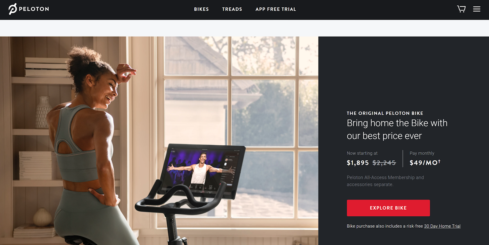 Peloton landing page and CTA example