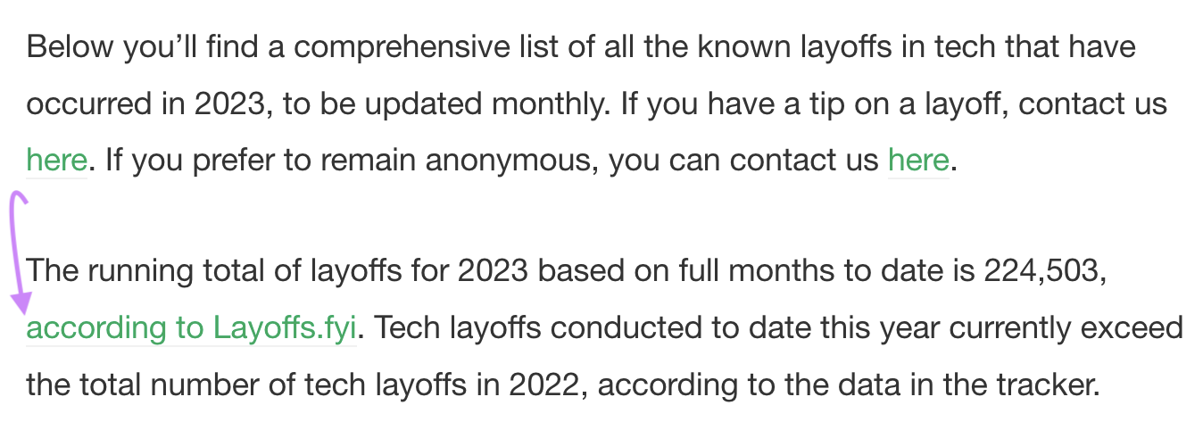 A backlink from TechCrunch's article to Layoffs.fyi