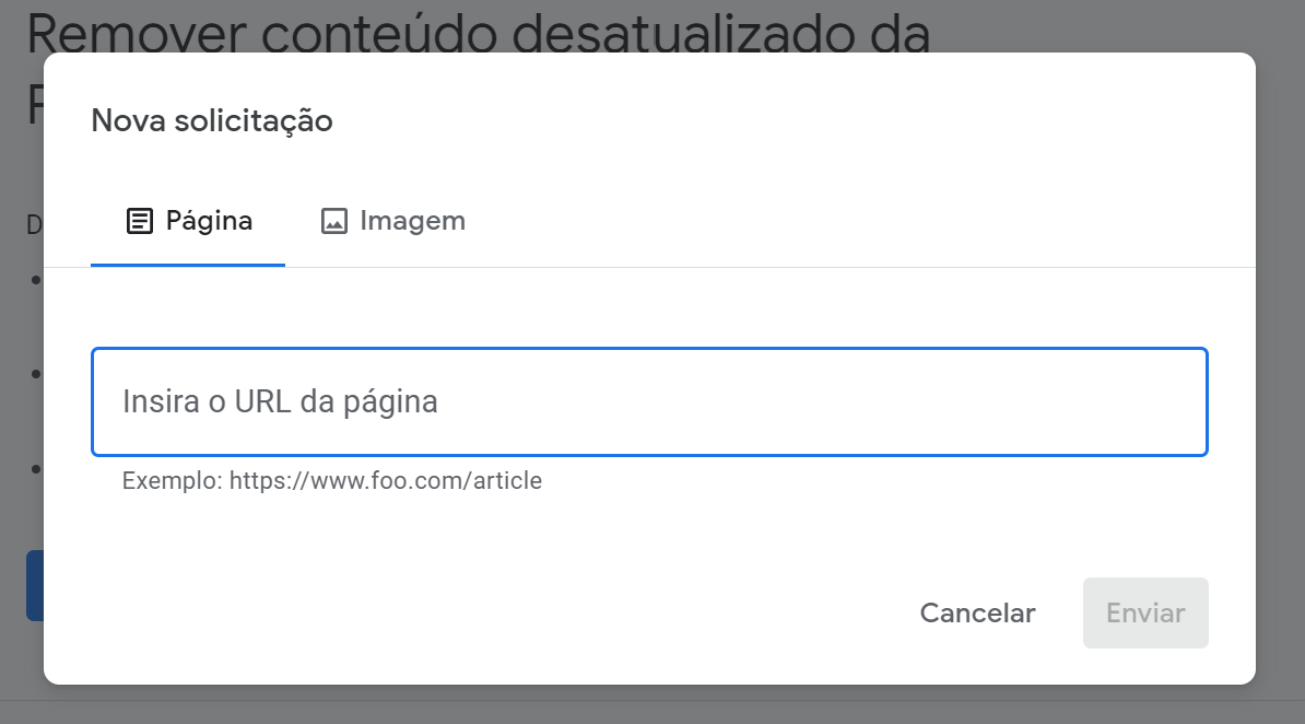 nova solicitação de remoção de conteúdo no google search console