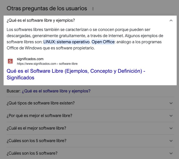 Cuadro de "Otras preguntas de los usuarios", se expande con un fragmento destacado