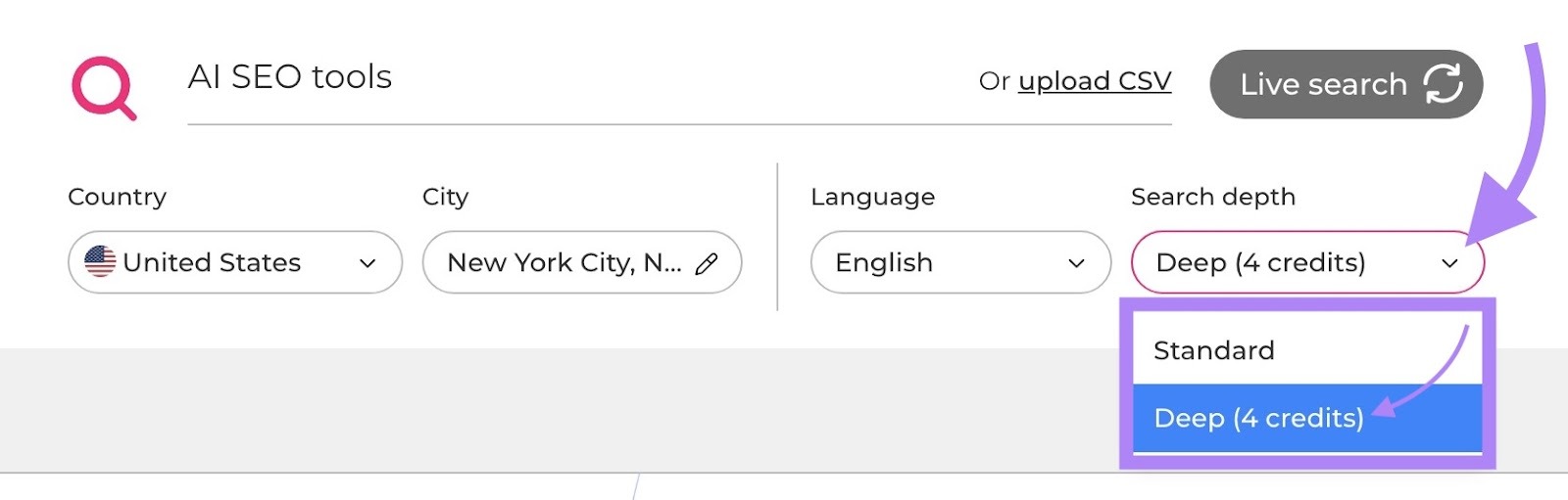 AlsoAsked dashboard with "Search depth" clicked and "Deep" selected from the dropdown options.