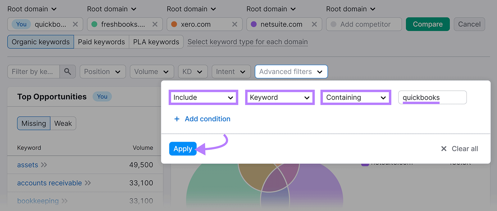 Advanced filter clicked and configured to include keywords containing 'quickbooks' with arrow to Apply button