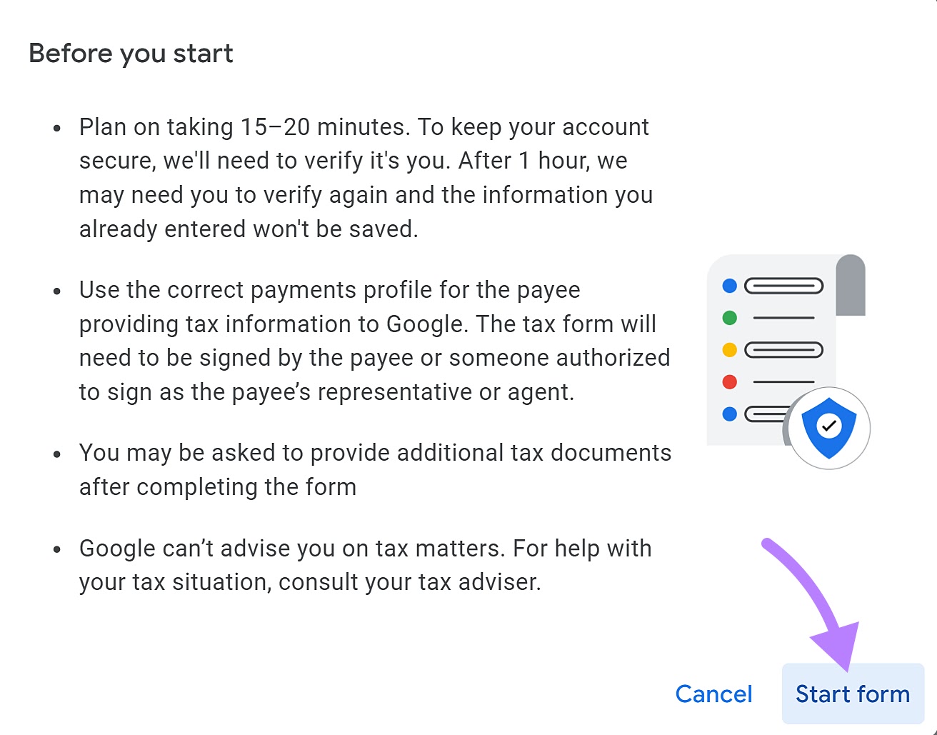 A pop-up for explaining what you need to add tax info to Google AdSense account