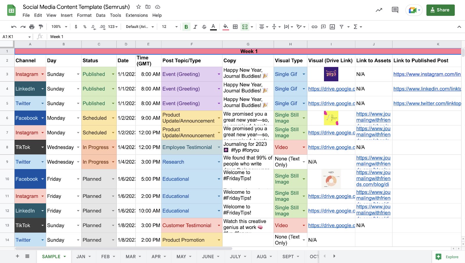 A social media content calendar example