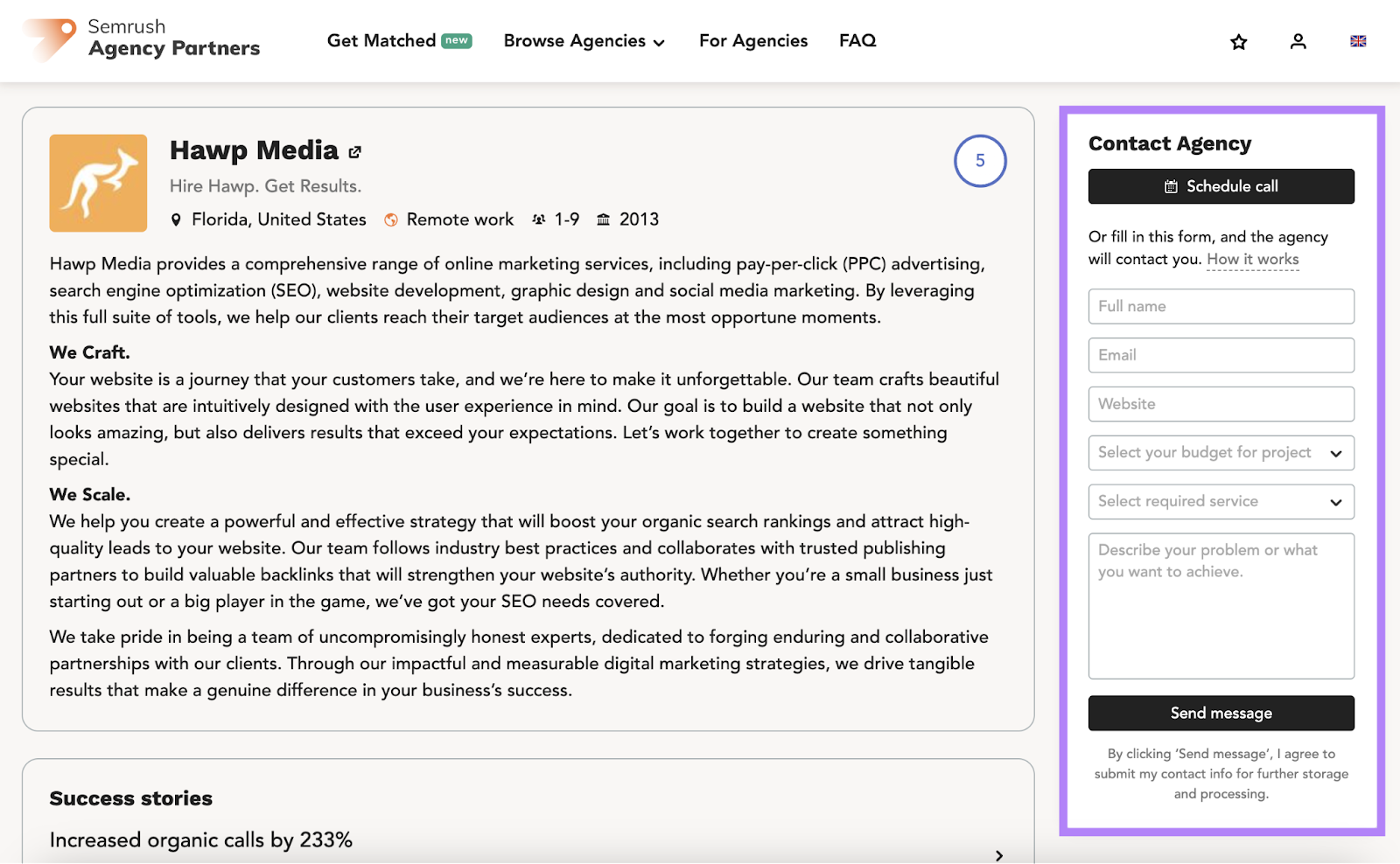 "Contact Agency" form on Semrush Agency Partners