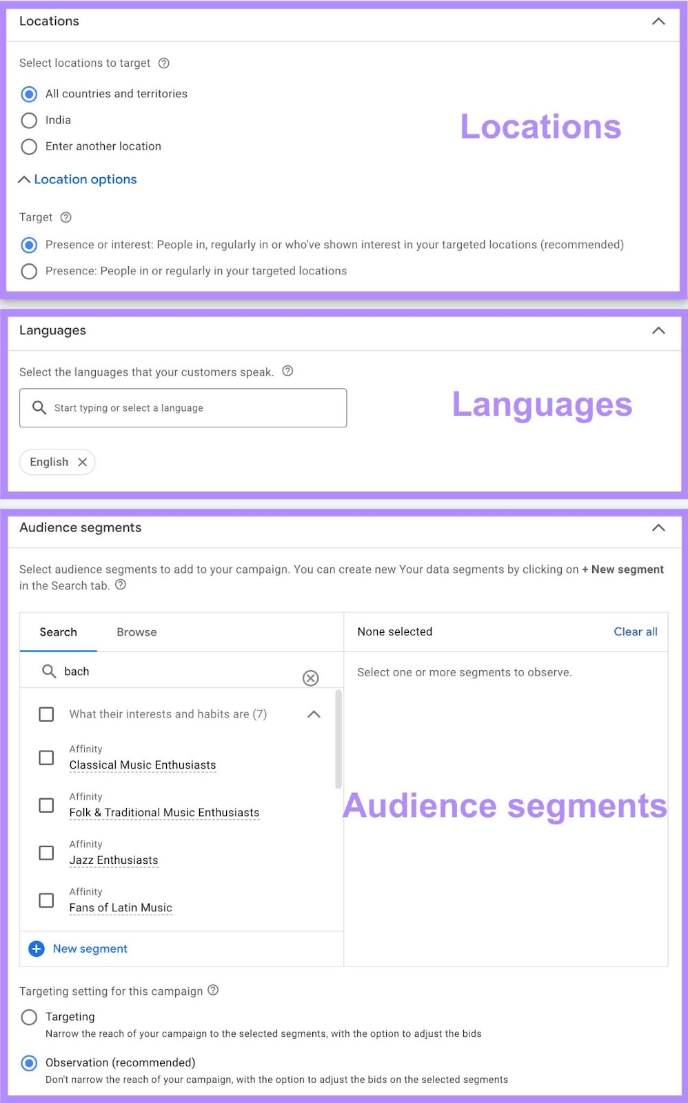 Location, languages and audience segments campaign settings in Google Ads