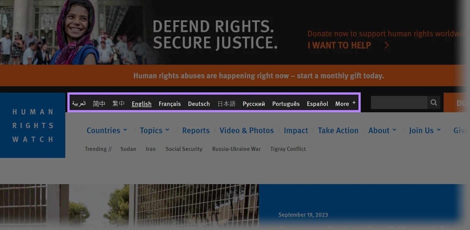 Human Rights Watch's landing page offers multiple languages to choose from