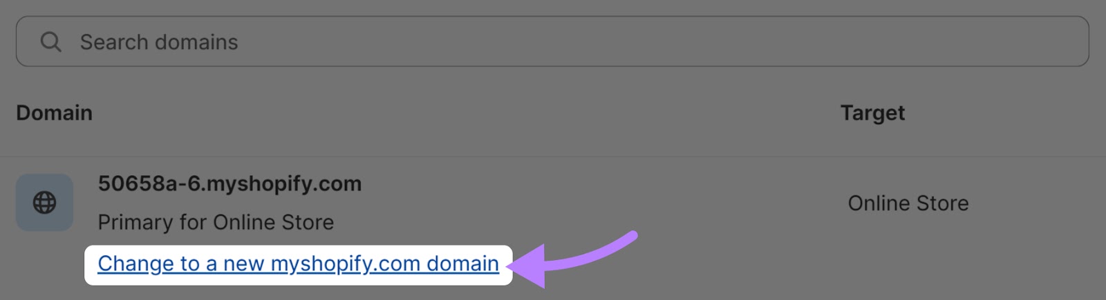 “Change to a new myshopify.com domain” link highlighted in Shopify admin