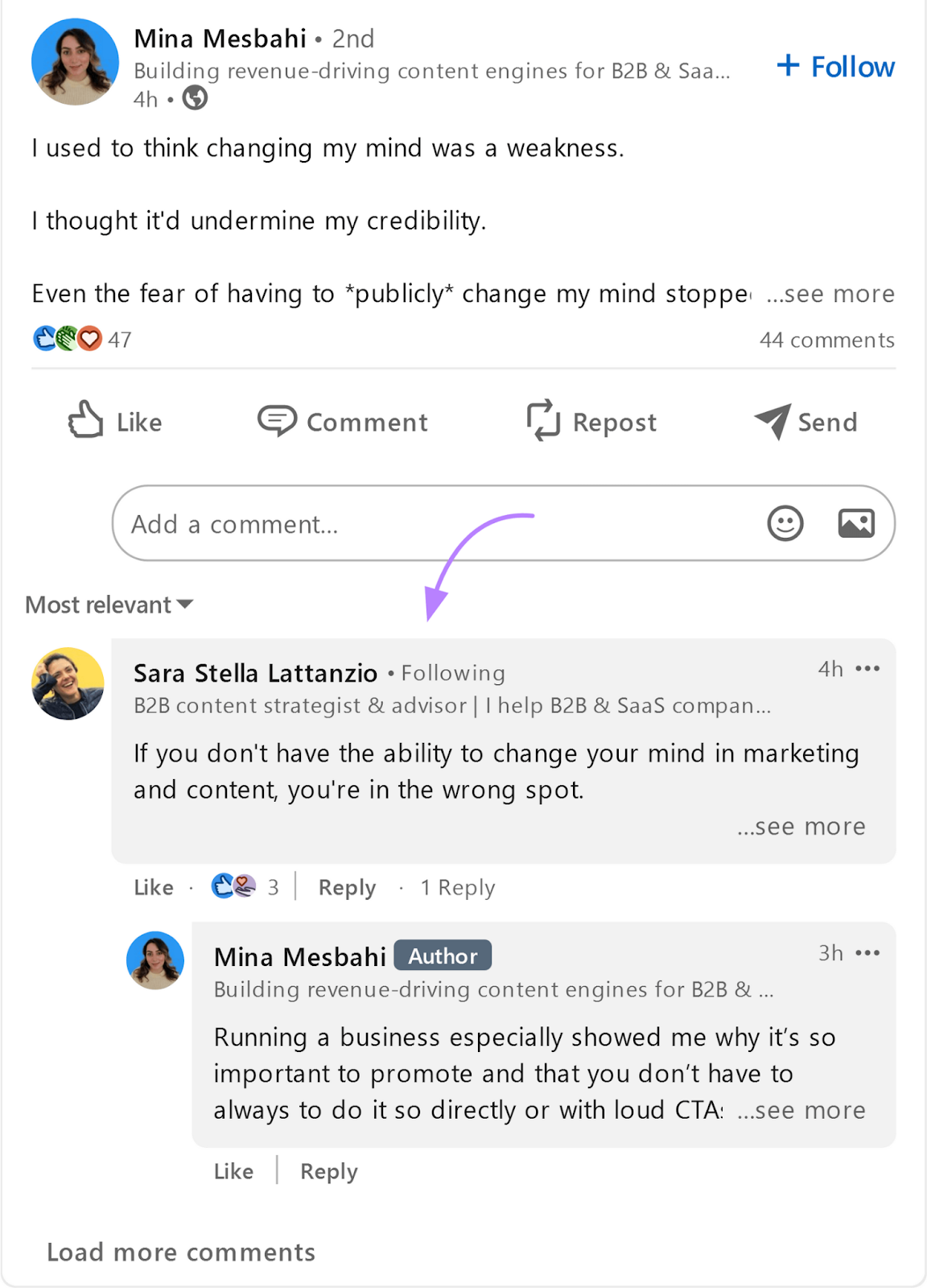 example of an LinkedIn post by Mina Mesbahi with a comment from another user