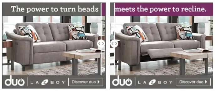 Interactive display ad showing the before and after transformation from a regular couch to a recliner.