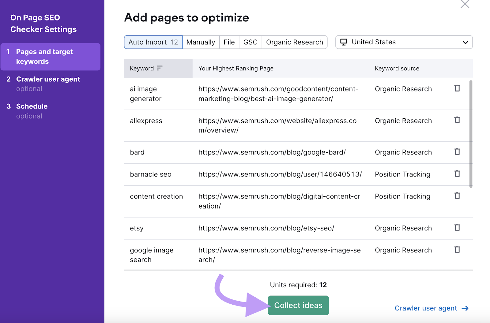 add pages to optimize in On Page SEO Checker configuration window