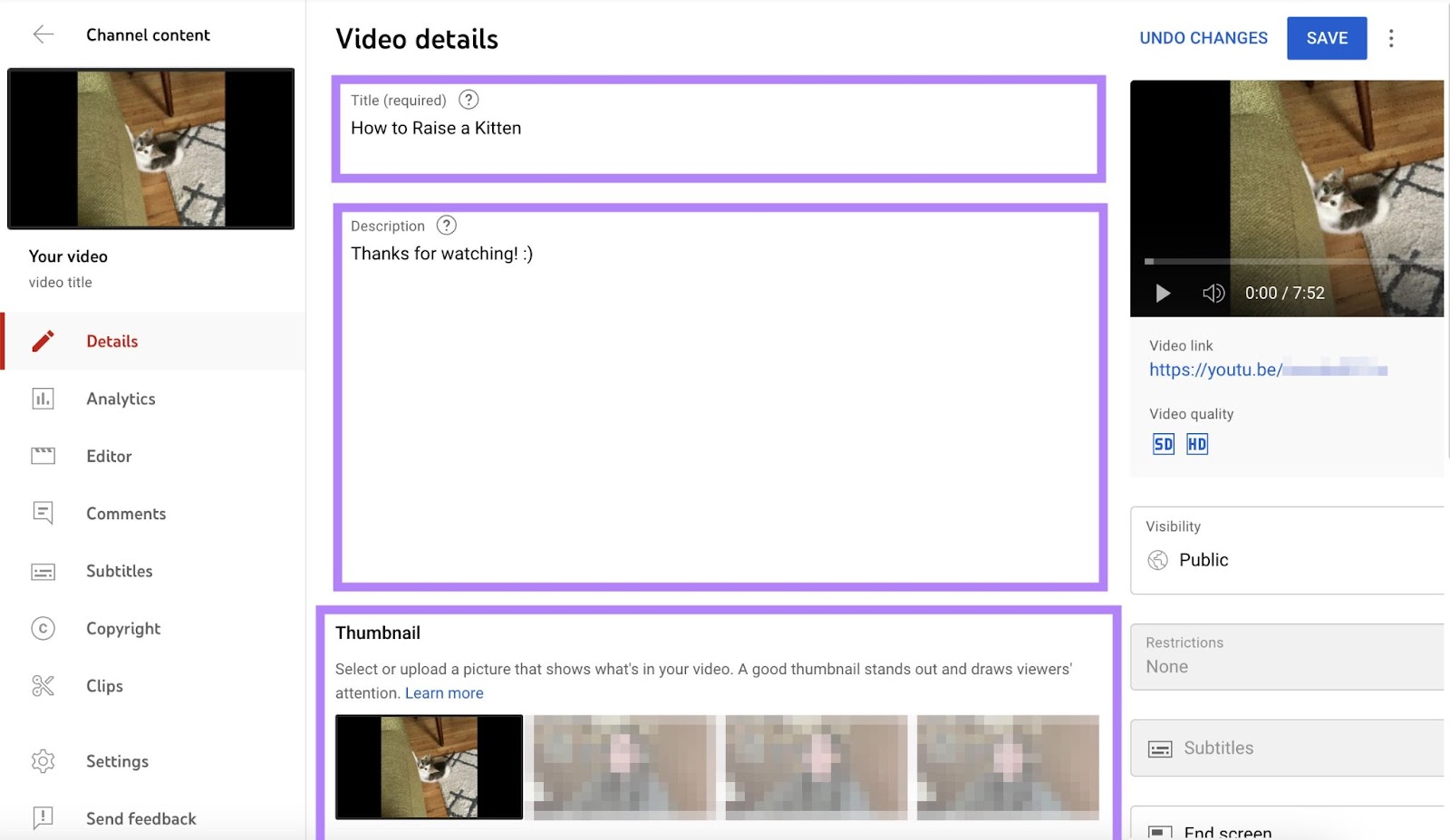 Add title, description, thumbnail and different   details nether  "Video details" window